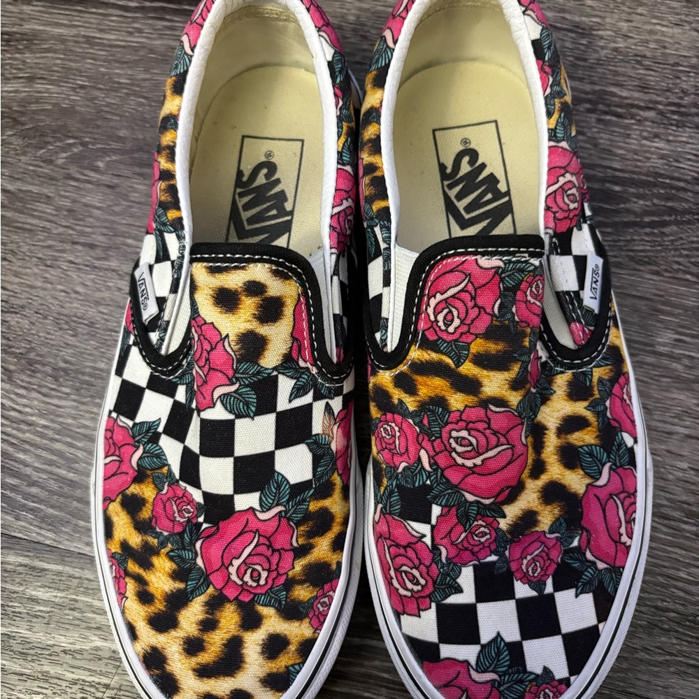 Vans Leopard and Rose Checkered Slip-Ons women’s